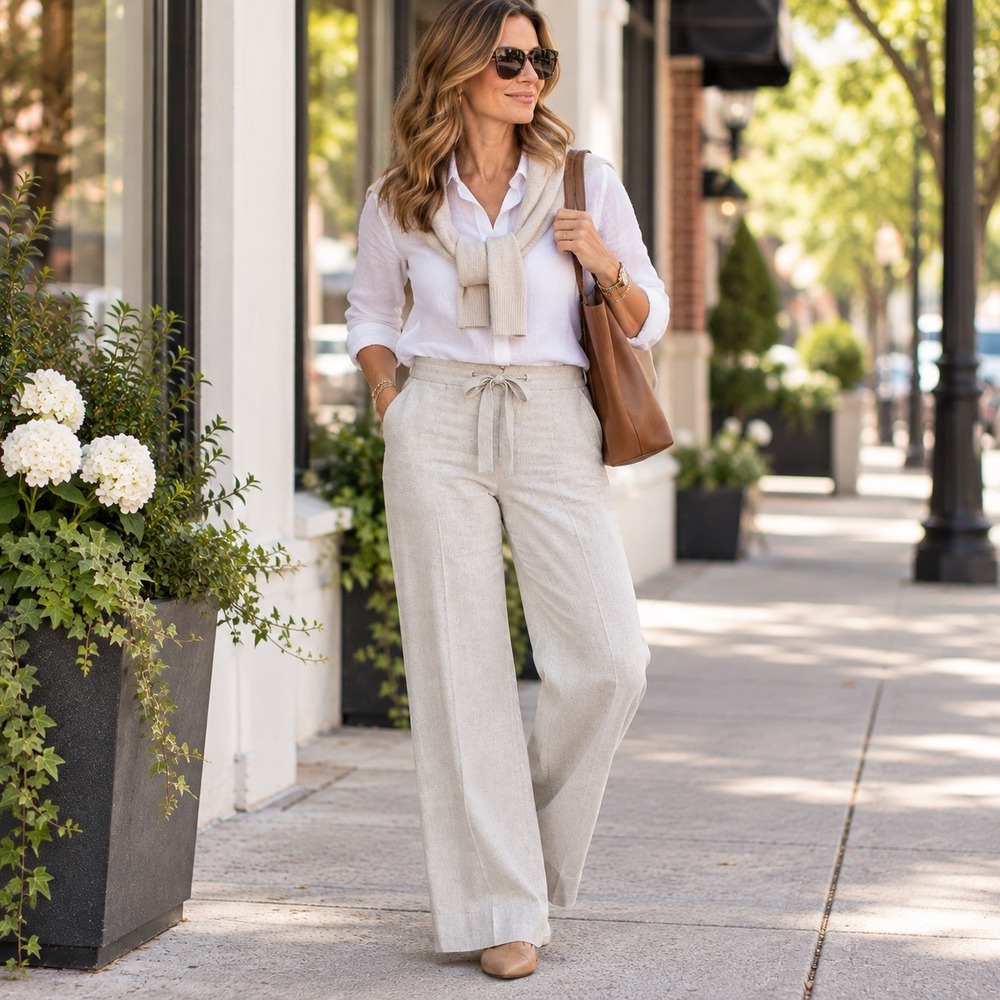 Talbots Signature Linen Pants Womens 10 Beige Wide Leg Drawstring Trousers